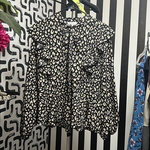 #84 Sweet Rain Cheetah Print Necktie Ruffled Shoulder Blouse